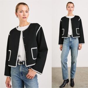 NWT Rails Melanie Crewneck Whipstitch Wool Blend Cardigan Jacket in Black S